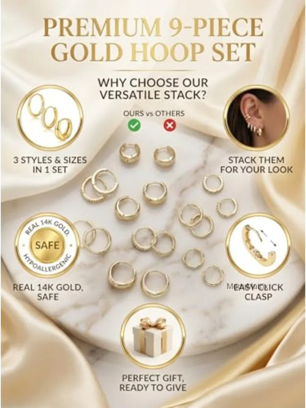 14K Gold Plated Small Hoop Earring Set for Women, Mixed Sizes